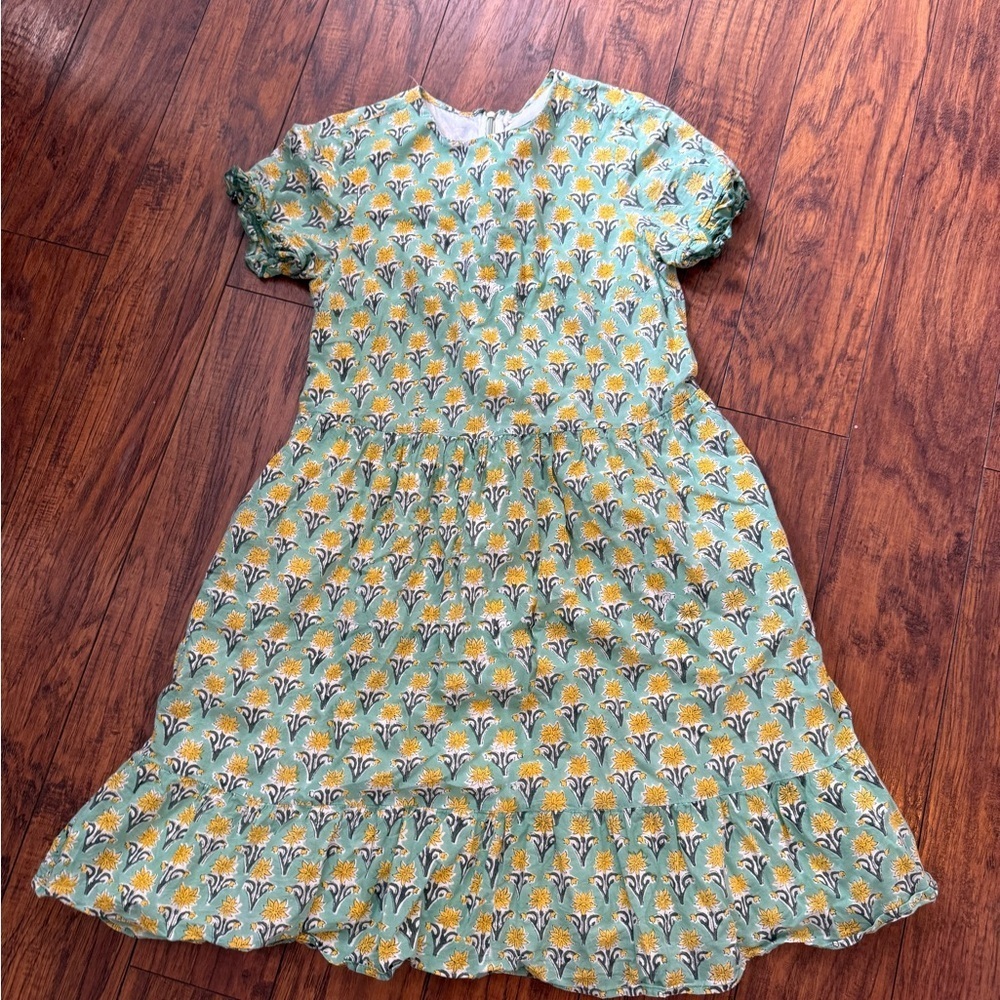 Emerson Fry India Collection Hand Printed Floral Dress Green Yellow 100% Cotton